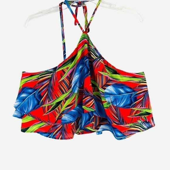 New-shop17 Two Pc Set Tropical Multi color, Ruffled Top Wide Leg Neck Tie Pants - Picture 4 of 16